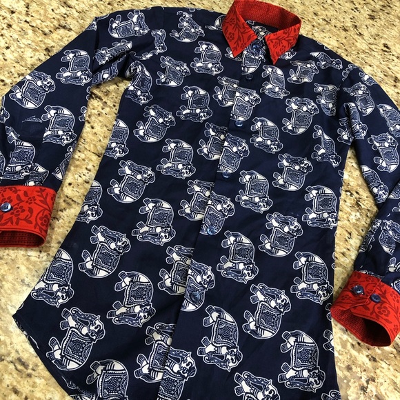 100% Silk Blue White Red Elephant Floral Detail Button Down Custom Dress Shirt - Picture 2 of 5